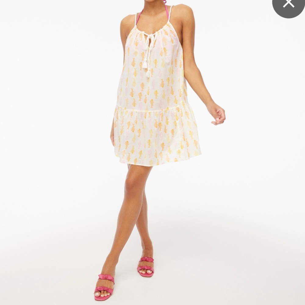 J.Crew Cream Pink Orange Fish Print Rope TieNeck Lightweight Coverup Dress NWT L